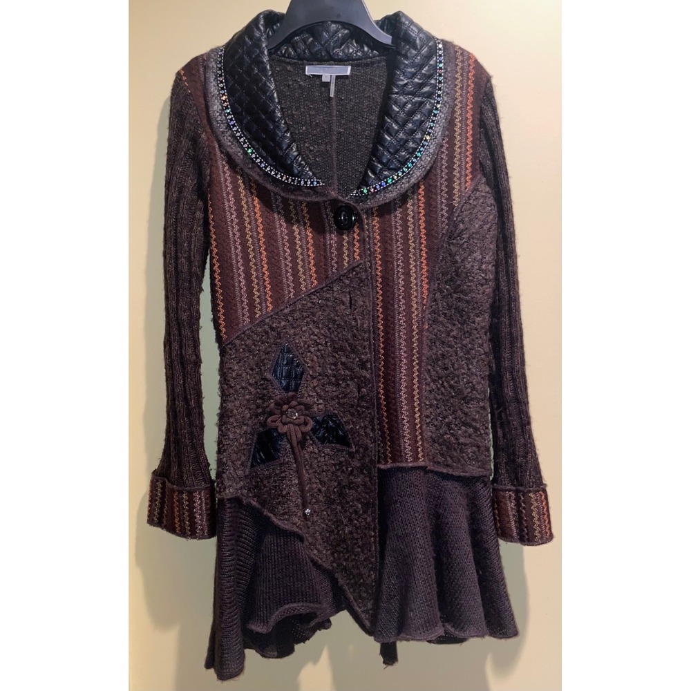 Liquid by Sioni Brown Long Cardigan Sweater Coat Quilted Collar Rhinestones M